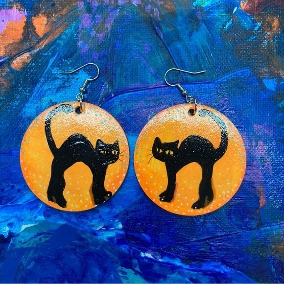 Halloween Black Cat Wooden One-Of-A-Kind Hand Painted Earrings Handmade Witchy - Picture 3 of 10